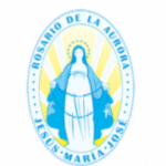 Logo del Rosario de la Aurora con la imagen de la Virgen del Rosario sosteniendo un rosario y la inscripción Jesús – María – José.