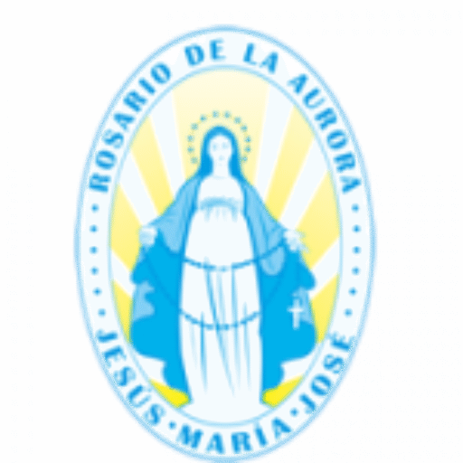 Logo del Rosario de la Aurora con la imagen de la Virgen del Rosario sosteniendo un rosario y la inscripción Jesús – María – José.